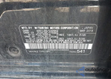 2018 Mitsubishi Outlander Sel z USA, uszkodzony, nr VIN JA4AZ3A33JZ053450